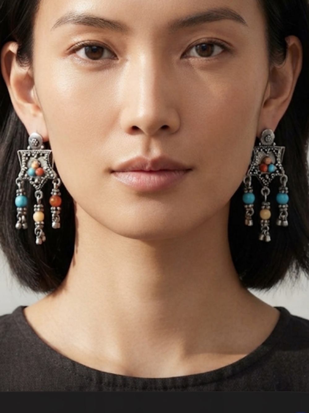 Bohemian Star Dangle Earrings with Turquoise, Coral & Cream Beads